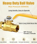 Heavy Duty Brass Ball Valve Three Eighths Inch Full Port With Female To Female NPT Threads, 600 WOG, long handle, brass body