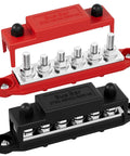 Built Like A Truck 275 Amp Heavy Duty Power Distribution Bus Bar With Six M8 Terminals For 12V Marine And Car Audio Battery Installations Hella Durable Ground Hookup in red and black.