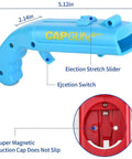 Cap Launcher Bottle Opener Gun for Parties and Tailgates showing dimensions and features, blue ABS body with red suction cap.
