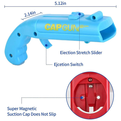 Cap Launcher Bottle Opener Gun for Parties and Tailgates showing dimensions and features, blue ABS body with red suction cap.