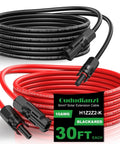 30 Ft 10AWG Solar Extension Cable With Tin Coated Copper PV Wire And Waterproof Male And Female Connectors For Home Boat And RV Solar Panel Systems Today shown in coiled red and black cables with connectors.