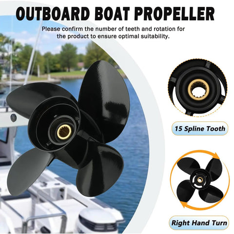 4 Blade Aluminum Outboard Propeller 14 Inch By 17 Inch With 15 Spline Fits 50 HP To 140 HP DF Series Motors Right Hand Rotation
