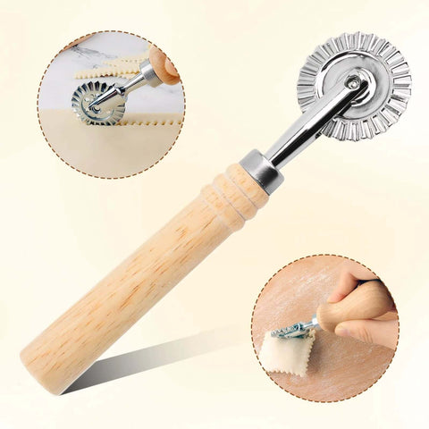 Front view of Amazon kitchen pastry wheel cutter with wooden handle and fluted stainless steel wheel for dough.