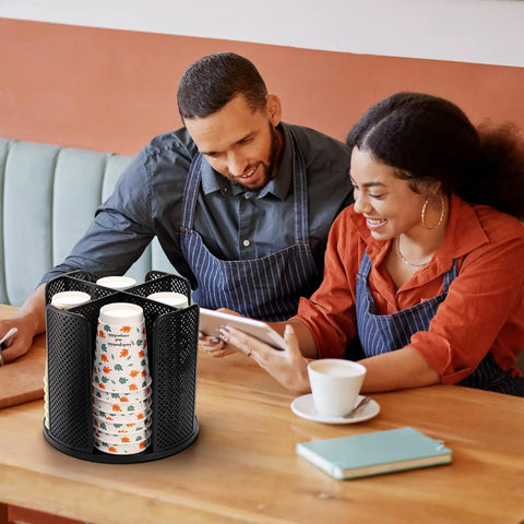 Two Pack Rotating Cup Dispenser With Four Compartments For Cups And Lids, Dope Durable Plastic Paper Cup Storage Organizer on table