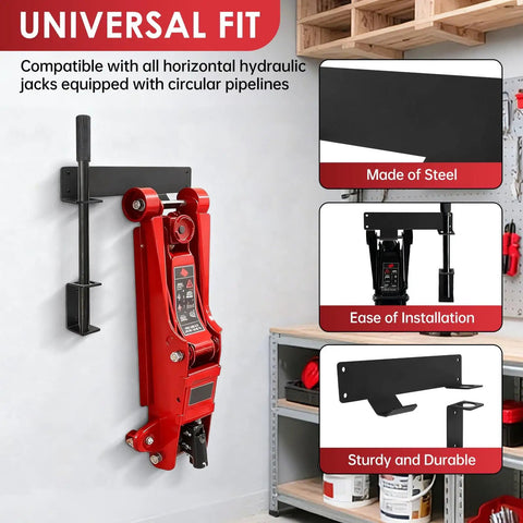 Wall-mounted floor jack holder in black steel holding a red hydraulic trolley jack, showcasing easy garage storage and quick access.