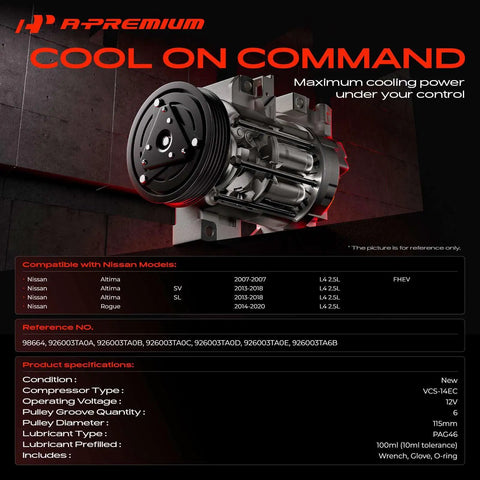 AC Compressor With Clutch For Nissan Altima And Rogue Featuring VCS 14EC Design and six groove pulley for efficient cooling.
