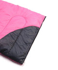 Close-up of pink and black all season sleeping bag for adults and kids, lightweight waterproof microfiber liner for backpacking.