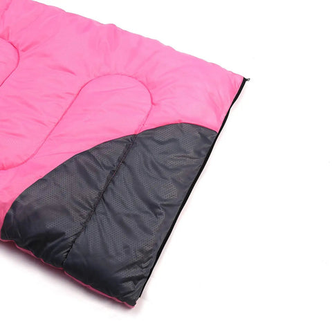 Close-up of pink and black all season sleeping bag for adults and kids, lightweight waterproof microfiber liner for backpacking.