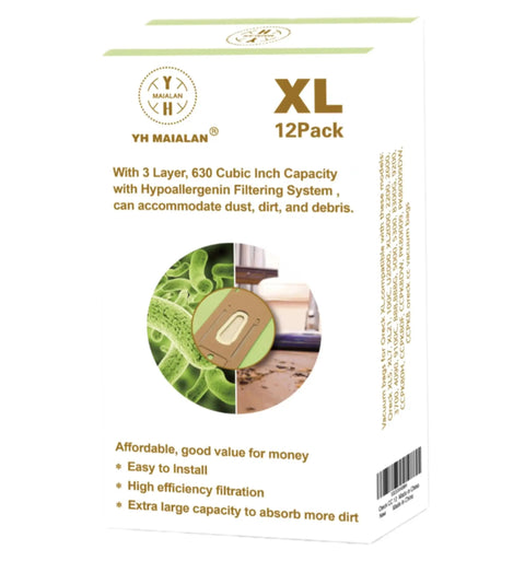 Box of 12 Pack Green Beefed Up Replacement Vacuum Bags For XL Upright Vacuums, 3-layer design with hypoallergenic filtering system