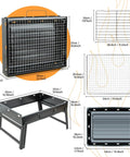 Dimensions and details of Grab And Go Portable Folding Charcoal Grill And Smoker for travel, showcasing stainless steel design.