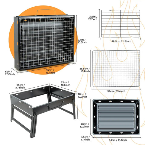 Dimensions and details of Grab And Go Portable Folding Charcoal Grill And Smoker for travel, showcasing stainless steel design.
