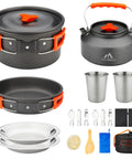 17 Piece Campout Friendly Camping Cookware Kit With Large Pot And Small Kettle Plus 7 Inch Frying Pan Includes 2 Cups 2 Plates 2 Sets Of Utensils For Hiking Backpacking Outdoor Cooking And Picnics