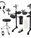 Beginner Electric Drum Set With Quiet Mesh Pads And 180 Plus Sounds, 4x 6 Inch Mesh Pads, 3x 10 Inch Cymbals, drum module, throne