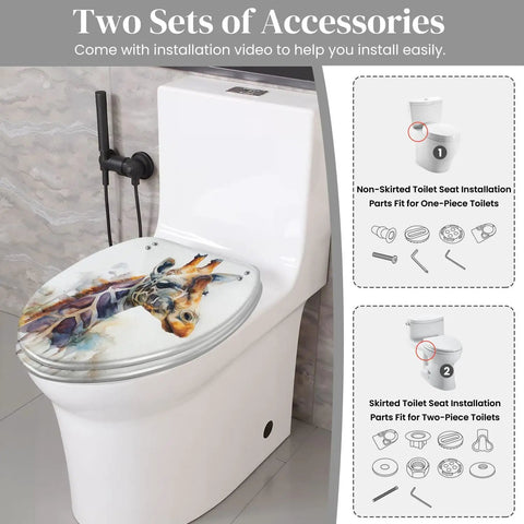 Elongated Toilet Seat for Bathroom showing giraffe design and installation accessories for different toilet types.