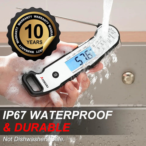 Ultra Fast Meat Thermometer Instant Read Under One Second With Plus Or Minus Half A Degree Fahrenheit, Waterproof Digital Thermometer being rinsed under water