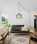 Living room with Green Glass Plug In Pendant Light With Cord Hand Blown 8.66 Inch Ribbed Glass Shade Stylish Mid Century Modern Hanging Lamp