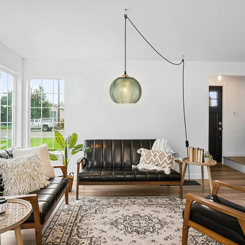 Living room with Green Glass Plug In Pendant Light With Cord Hand Blown 8.66 Inch Ribbed Glass Shade Stylish Mid Century Modern Hanging Lamp