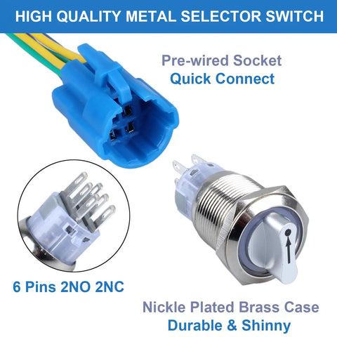 22mm Latching Selector Rotary Switch Three Position With 2NO 2NC Contacts, 12-24VDC, waterproof with pre-wired socket