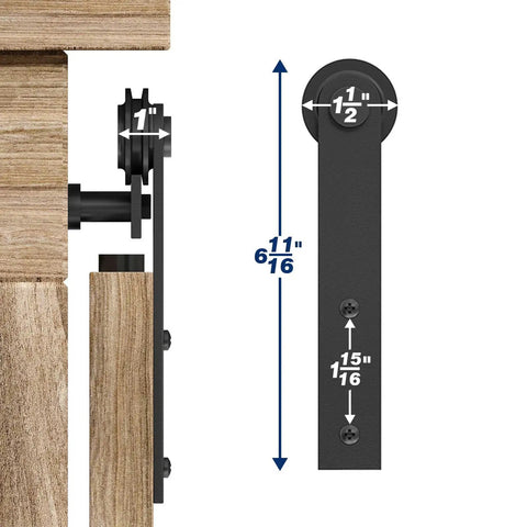 3 Ft Barn Door Track Kit showing I Shape Hanger and dimensions for cabinets and closets, single door fits 15 to 18 in.