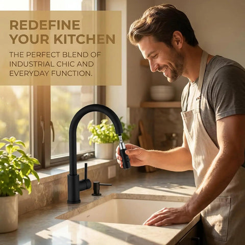 Man using Black Kitchen Faucet With Pull Down Sprayer And Single Handle Pullout Design, Durable Stainless Steel in kitchen