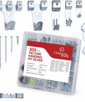 303 Piece Picture Hanging Kit With Heavy Duty Hooks And Organized Compartments For Wall Mounting and Shelf Bracing, silver hooks and screws in a plastic tray.