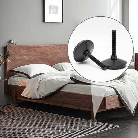 Bedroom scene with 4 Pack M8 Furniture Levelers Adjustable Feet For Tables, Sofas, Cabinets, And Workbenches shown in inset detail