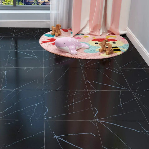 Black Peel And Stick Floor Tiles 12x12 Inch 32 Count Self Adhesive Vinyl Faux Wood Grain Waterproof Flooring with toys on rug