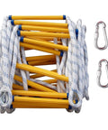 Heavy Duty Emergency Fire Escape Ladder With Quick Deploy Hooks And Non Slip Resin Rungs, coiled with sturdy ropes and clips.