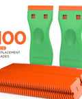 Plastic Razor Blade Scraper Tool Kit 2 Pack With 100 Replacement Blades No Scratch Safe Window Glass Vinyl Decal Removal For Walls Floors Kitchens Stoves Cars And More Cleaning Supply, showing green handles and orange blades.