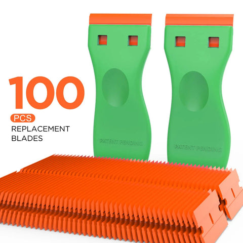 Plastic Razor Blade Scraper Tool Kit 2 Pack With 100 Replacement Blades No Scratch Safe Window Glass Vinyl Decal Removal For Walls Floors Kitchens Stoves Cars And More Cleaning Supply, showing green handles and orange blades.