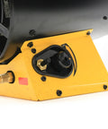 Close-up of Heavy Duty 65000 BTU Forced Air Propane Heater showing fuel connection and rugged yellow base design.