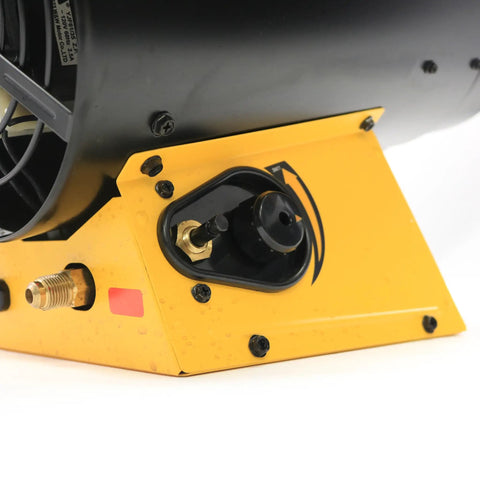 Close-up of Heavy Duty 65000 BTU Forced Air Propane Heater showing fuel connection and rugged yellow base design.