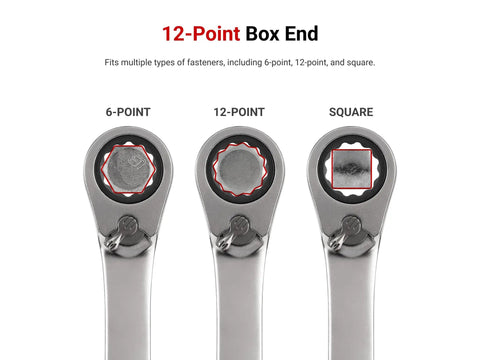 Close-up of 12-point box end details on reversible 12 Point Ratcheting Wrench Set With Modular Organizers 15 Piece From Quarter Inch To One Inch