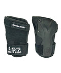 Slide On Derby Wrist Guards For Roller Derby, front and back view, black with logo, unrestricted finger motion, cupped palm protection