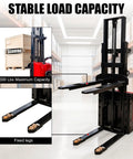 Heavy Duty Electric Pallet Stacker With 3300 Pound Capacity And 118 Inch Lift Height showing maximum load of 3300 lbs and fixed legs.