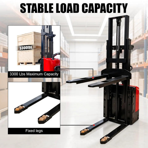 Heavy Duty Electric Pallet Stacker With 3300 Pound Capacity And 118 Inch Lift Height showing maximum load of 3300 lbs and fixed legs.