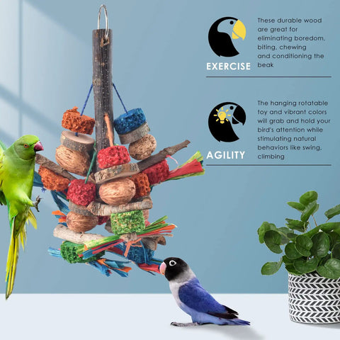 Hella Tough Parrot Chew Toys Crafted From Natural Wood Hemp Rope Corn Cob And Sweet Treat Nuts For Big Time Foraging Fun In Conure Cockatoo Parakeet Budgie Cage with colorful hanging toy surrounded by green parrot and blue bird.