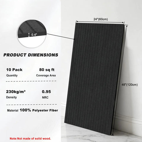 Top Shelf 10 Pack Sound Dampening Panels 48 X 24 Inch Black Acoustic Wall Tiles Heavy Duty Noise Eating Fiber with dimensions.