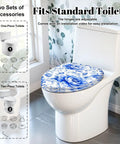 Elongated Blue Peony Floral Chinoiserie Elegant Porcelain Toilet Seat on a standard toilet with a decorative bathroom setting.