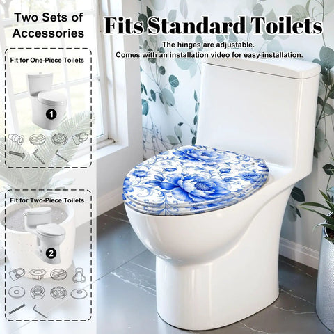 Elongated Blue Peony Floral Chinoiserie Elegant Porcelain Toilet Seat on a standard toilet with a decorative bathroom setting.