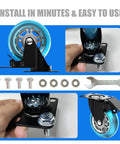 Front view: 2 in plate caster wheel with blue polyurethane wheel and locking brake; heavy‑duty 800 lb, set of 4.

Side view: mounting plate with bolt and nut for installation.

Close-up: wheel hub, bolt, washers, and wrench with mounting hardware.

Installed view: caster mounted on furniture with blue wheel and swiveling plate.