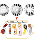 45mm Pinking Rotary Cutter Blades 5 Pack Universal Replacement Blades For Fabric Cutting With Wavy Zigzag Edges Fits Most 45mm Rotary Cutters Awesome For Quilting Sewing Arts And Crafts DIY Projects displayed with compatible cutters