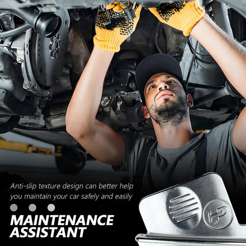 Mechanic using Portable Stretch Belt Tool Kit For Cars Trucks And Carts under vehicle, maintenance illustration