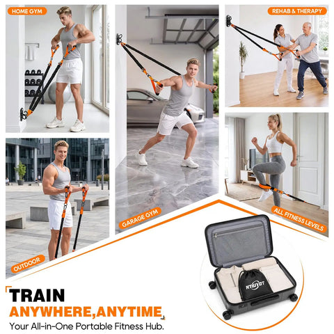 Heavy Duty Stackable Resistance Bands With Wall Anchor And Door Mount For Home Gym Upgrade, shown in various workout settings.