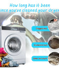 Graphic of dirty dryer with text about lint, dust, and 2 Piece Dryer Vent Cleaning Kit With Quiet Vacuum Hose Attachment Lint Brush Vent Cleaner And Cleaning Tool Set Upgraded No Noise Design For Smooth Pro Grade Dryer Maintenance And Effective Gap Free Lint Removal