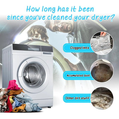 Graphic of dirty dryer with text about lint, dust, and 2 Piece Dryer Vent Cleaning Kit With Quiet Vacuum Hose Attachment Lint Brush Vent Cleaner And Cleaning Tool Set Upgraded No Noise Design For Smooth Pro Grade Dryer Maintenance And Effective Gap Free Lint Removal