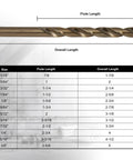 Diagram of Heavy Duty Cobalt Drill Bits Set, 15 Pc M35 HSS With 135 Degree Tips showing sizes, flute, and overall lengths.
