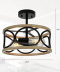 2 Light Farmhouse Semi Flush Mount Ceiling Light Fixture With Open Drum Frame In Rustic Brown Finish 12.8 Inch Dimmable