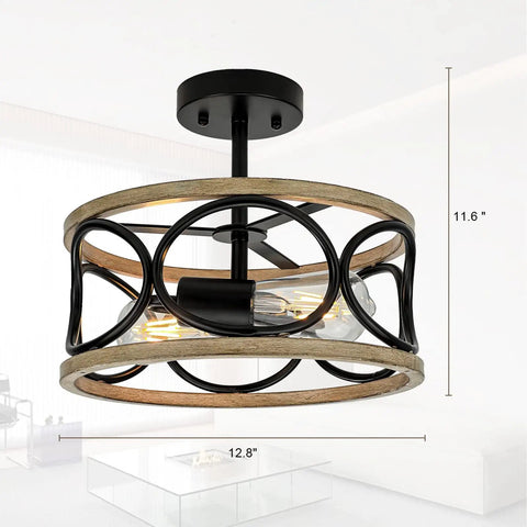 2 Light Farmhouse Semi Flush Mount Ceiling Light Fixture With Open Drum Frame In Rustic Brown Finish 12.8 Inch Dimmable