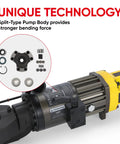 PEResQ Electric Rebar Bender 5/8 Inch Hydraulic Portable Bending Machine 1200W 120V showing split-type pump with accessories.